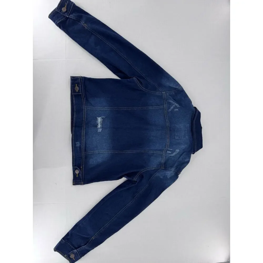 Jvini Denim Jacket Women’s Sz M Dark Wash Distressed Button Pockets Casual - Picture 14 of 14